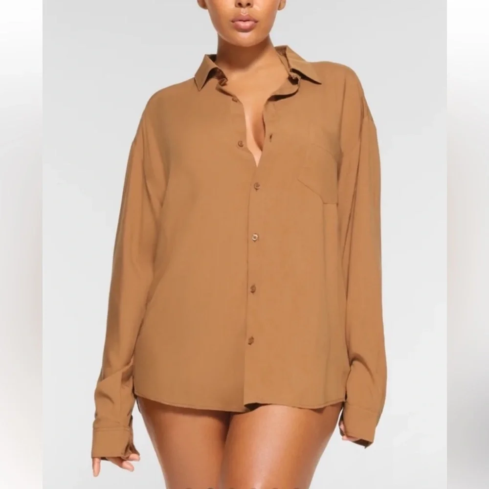 🤎SKIMS SWIM COVER UP LONG SLEEVE BUTTON UP SHIRT ALMOND 2X